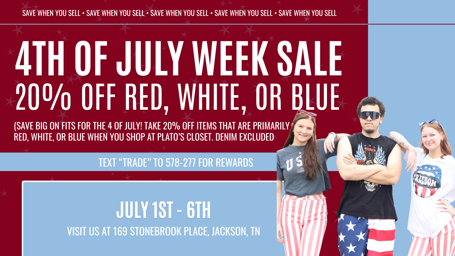 Clothing rack at Plato’s Closet Jackson featuring red, white, and blue summer outfits like tank tops, denim shorts, and sneakers, with a sale sign promoting 20% off for 4th of July week.